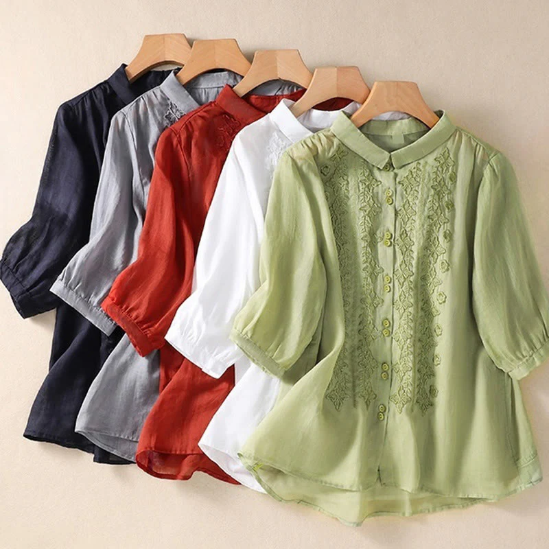 Camicia da donna in cotone e lino con risvolto, manica a tre quarti, motivo floreale, Buddha Stones - Image 33