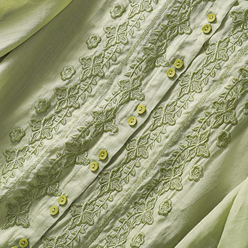 Camicia da donna in cotone e lino con risvolto, manica a tre quarti, motivo floreale, Buddha Stones - Image 4