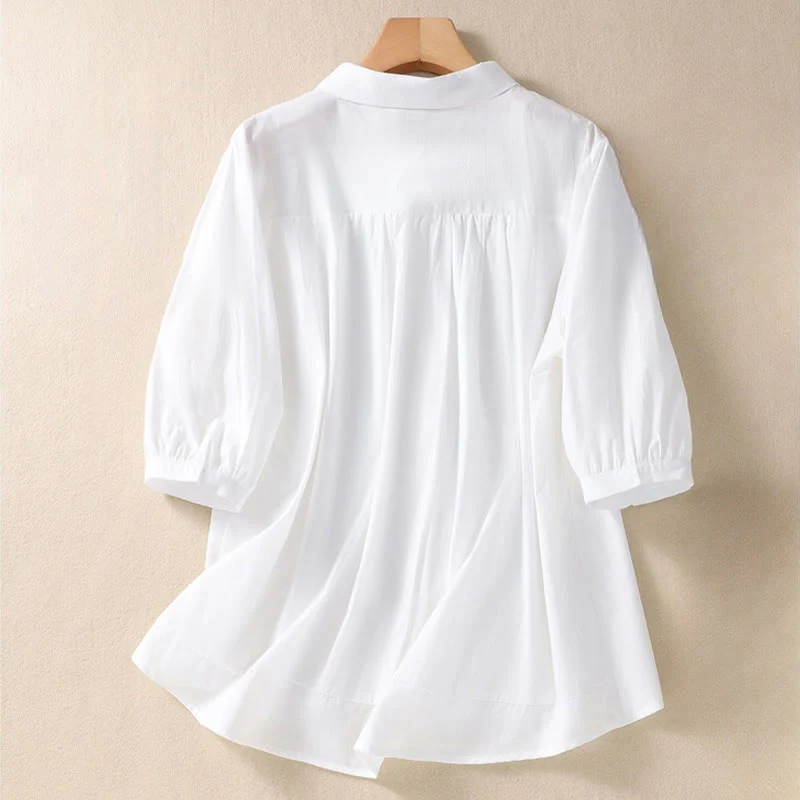 Camicia da donna in cotone e lino con risvolto, manica a tre quarti, motivo floreale, Buddha Stones - Image 7