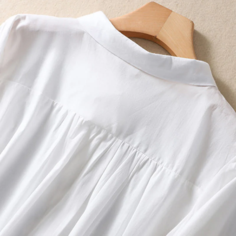 Camicia da donna in cotone e lino con risvolto, manica a tre quarti, motivo floreale, Buddha Stones - Image 9