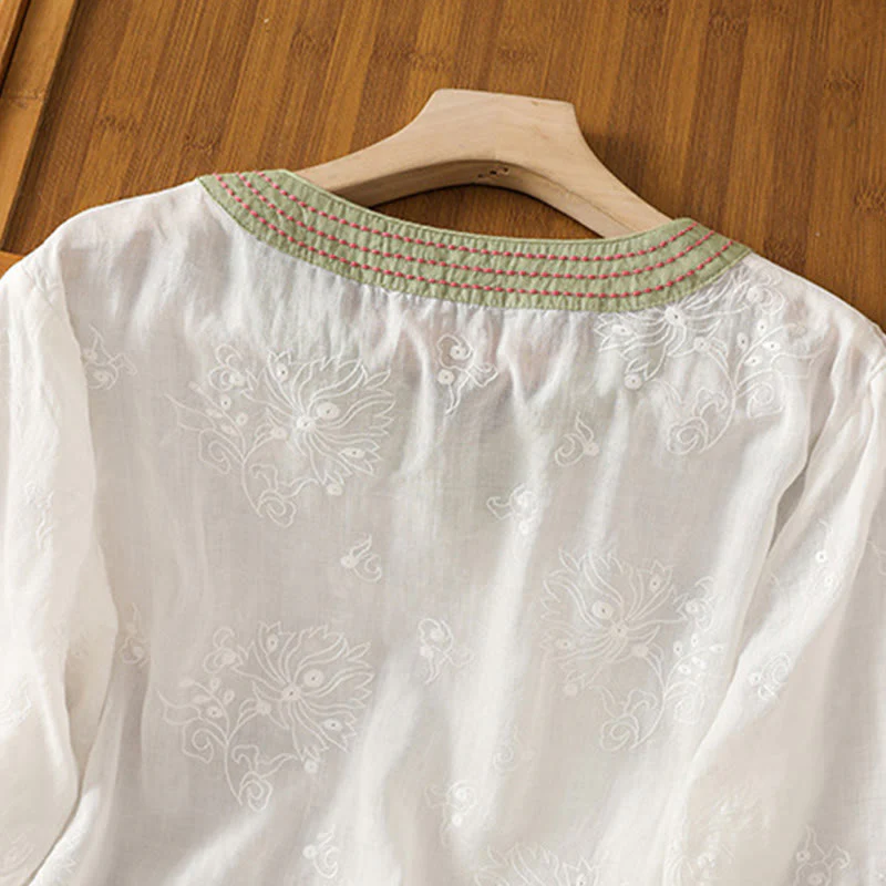 Camicia da donna in cotone e lino con scollo a V, motivo floreale con ricami vintage, motivo Buddha Stones, estate - Image 11