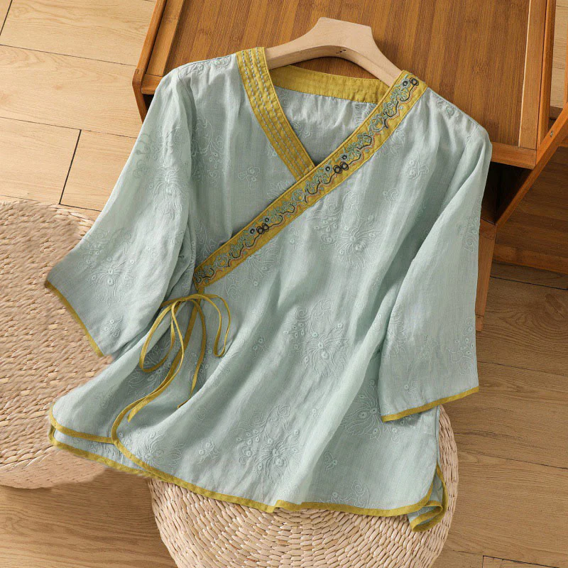 Camicia da donna in cotone e lino con scollo a V, motivo floreale con ricami vintage, motivo Buddha Stones, estate - Image 18