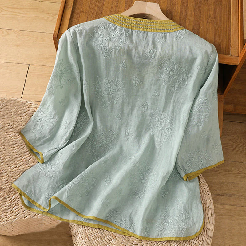 Camicia da donna in cotone e lino con scollo a V, motivo floreale con ricami vintage, motivo Buddha Stones, estate - Image 19