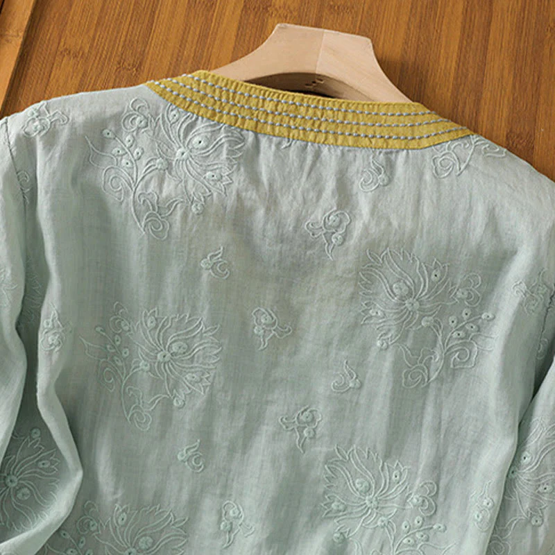 Camicia da donna in cotone e lino con scollo a V, motivo floreale con ricami vintage, motivo Buddha Stones, estate - Image 21