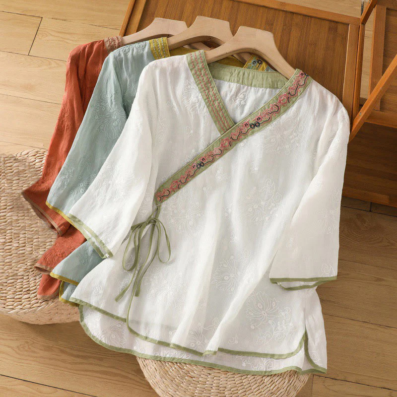 Camicia da donna in cotone e lino con scollo a V, motivo floreale con ricami vintage, motivo Buddha Stones, estate - Image 25
