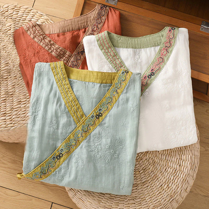 Camicia da donna in cotone e lino con scollo a V, motivo floreale con ricami vintage, motivo Buddha Stones, estate - Image 26