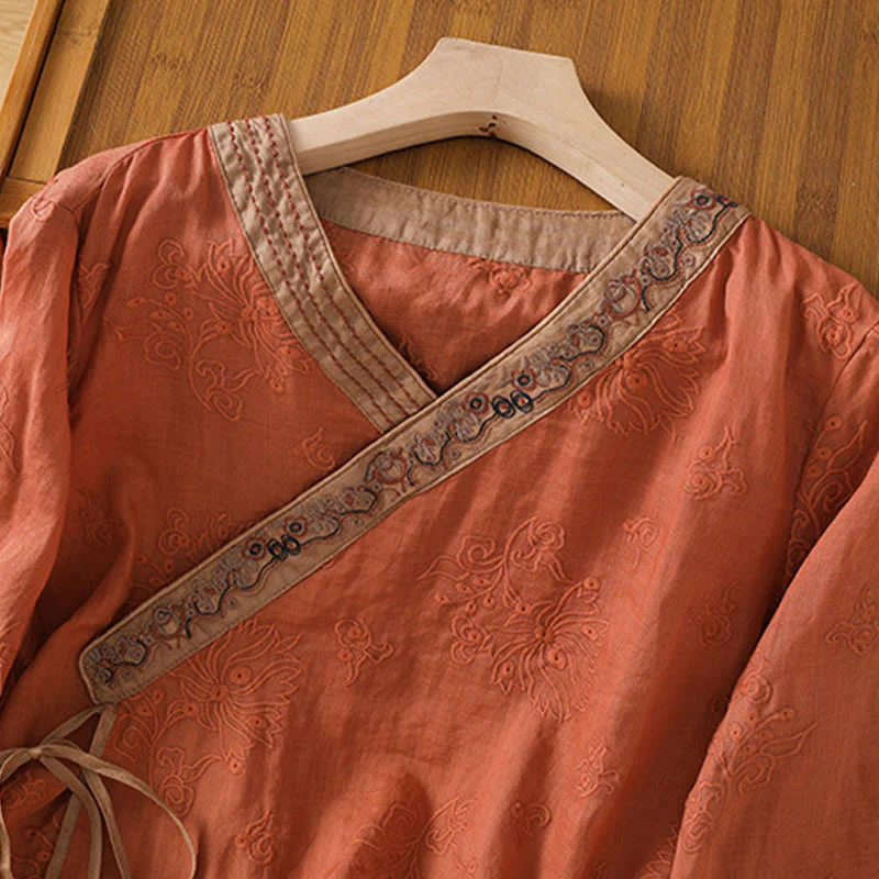 Camicia da donna in cotone e lino con scollo a V, motivo floreale con ricami vintage, motivo Buddha Stones, estate - Image 3