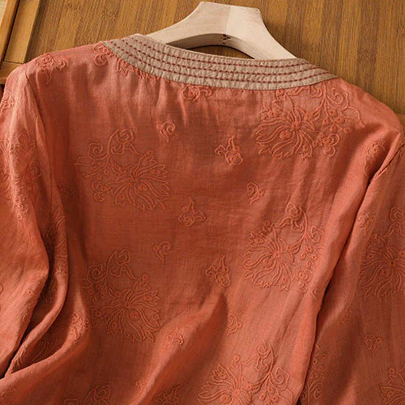 Camicia da donna in cotone e lino con scollo a V, motivo floreale con ricami vintage, motivo Buddha Stones, estate - Image 4