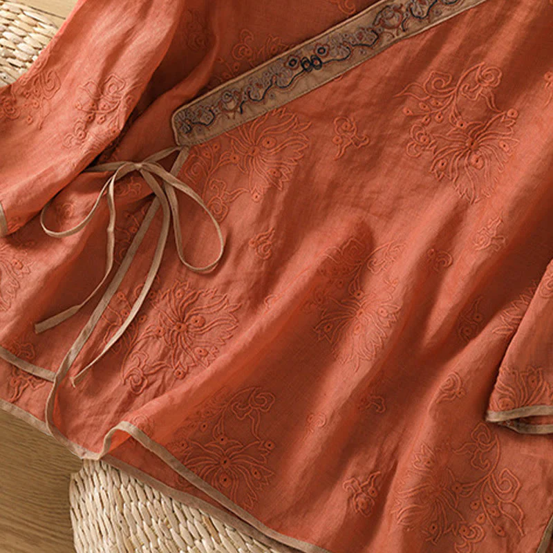 Camicia da donna in cotone e lino con scollo a V, motivo floreale con ricami vintage, motivo Buddha Stones, estate - Image 5
