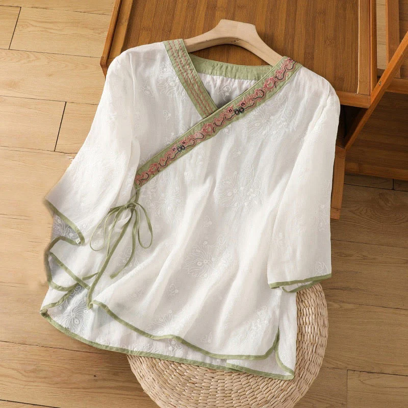 Camicia da donna in cotone e lino con scollo a V, motivo floreale con ricami vintage, motivo Buddha Stones, estate - Image 8