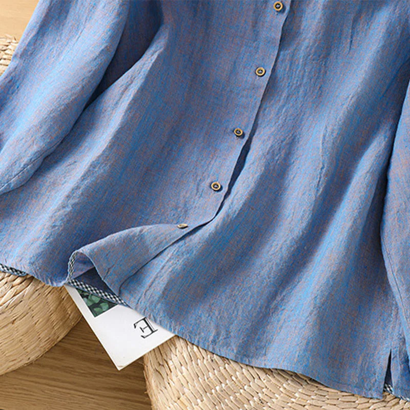 Camicia da donna in cotone e lino con scollo rotondo, motivo a bottoni tinta unita, motivo Buddha Stones Spring - Image 19