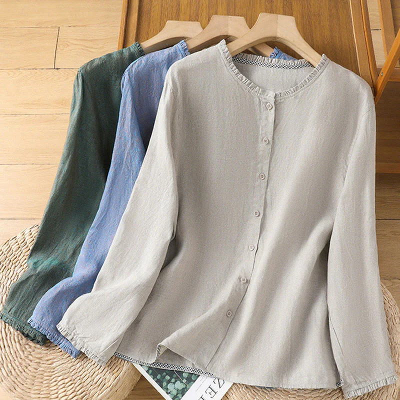 Camicia da donna in cotone e lino con scollo rotondo, motivo a bottoni tinta unita, motivo Buddha Stones Spring - Image 20
