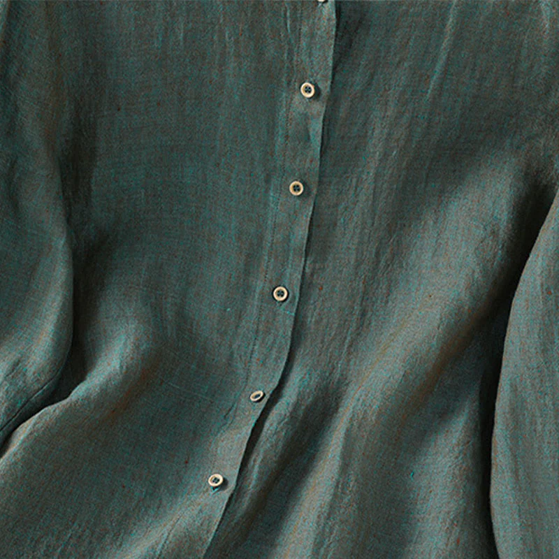 Camicia da donna in cotone e lino con scollo rotondo, motivo a bottoni tinta unita, motivo Buddha Stones Spring - Image 4