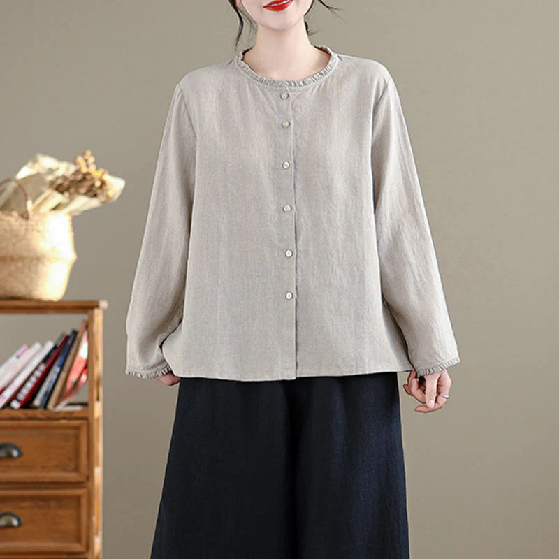 Camicia da donna in cotone e lino con scollo rotondo, motivo a bottoni tinta unita, motivo Buddha Stones Spring - Image 7