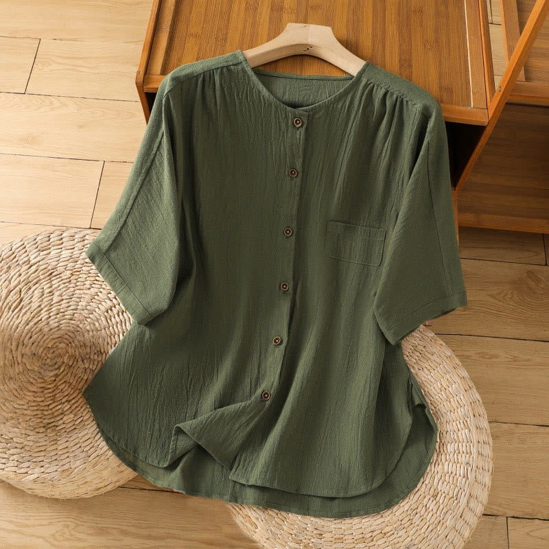 Camicia da donna in cotone e lino con maniche corte, casual, semplice, con bottoni e tasca , Buddha Stones