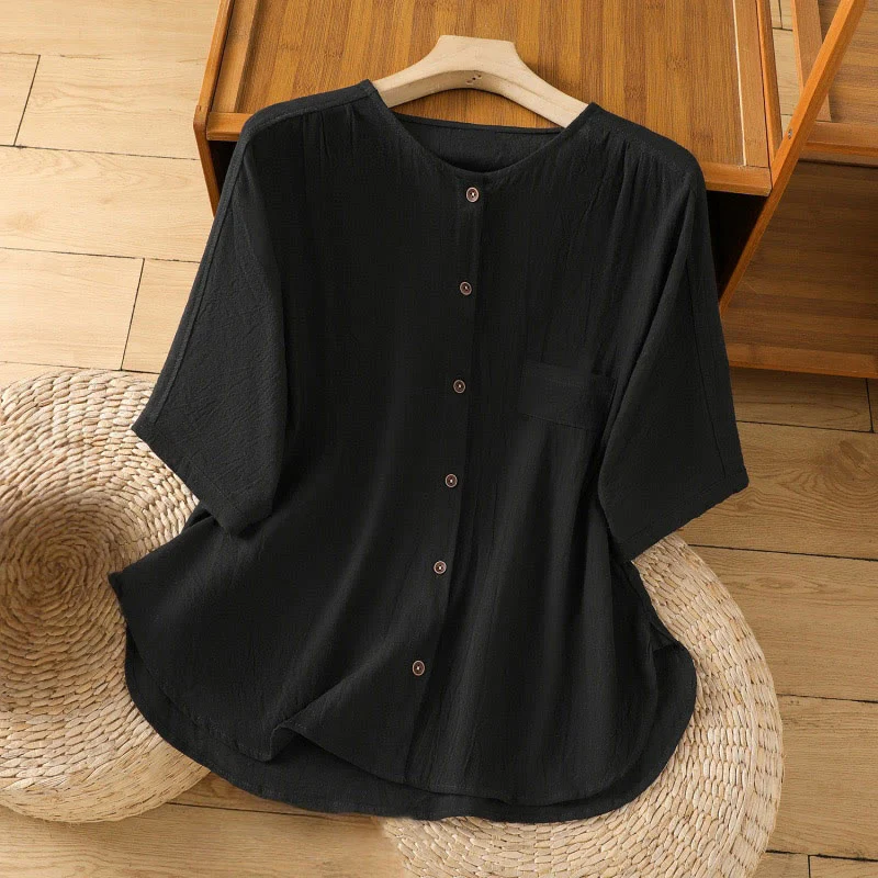 Camicia da donna in cotone e lino con maniche corte, casual, semplice, con bottoni e tasca , Buddha Stones - Image 10