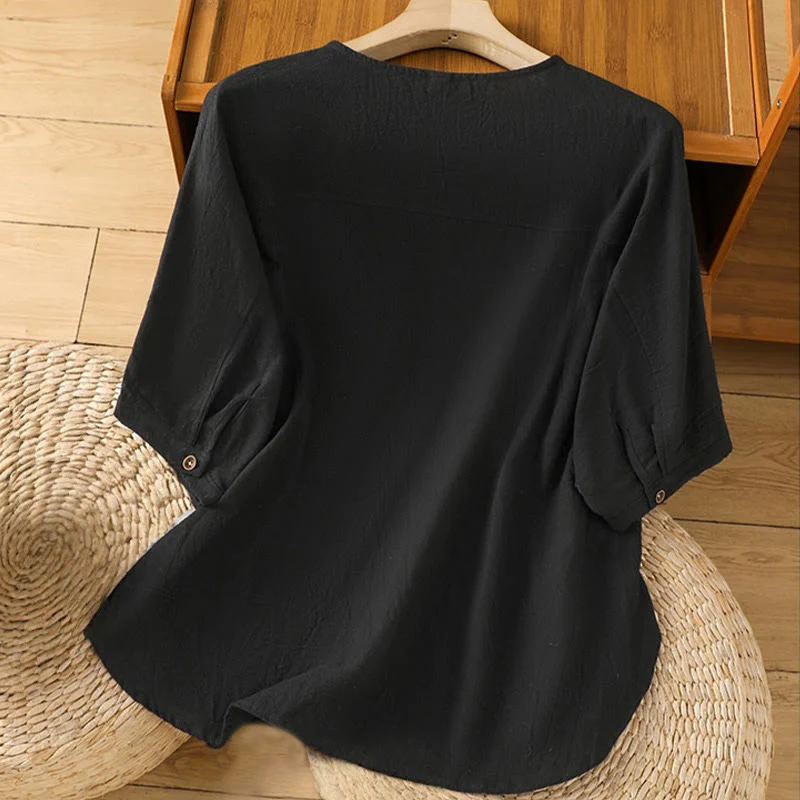 Camicia da donna in cotone e lino con maniche corte, casual, semplice, con bottoni e tasca , Buddha Stones - Image 11