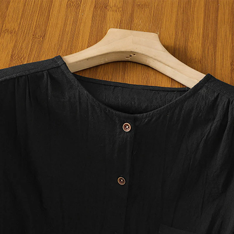 Camicia da donna in cotone e lino con maniche corte, casual, semplice, con bottoni e tasca , Buddha Stones - Image 14