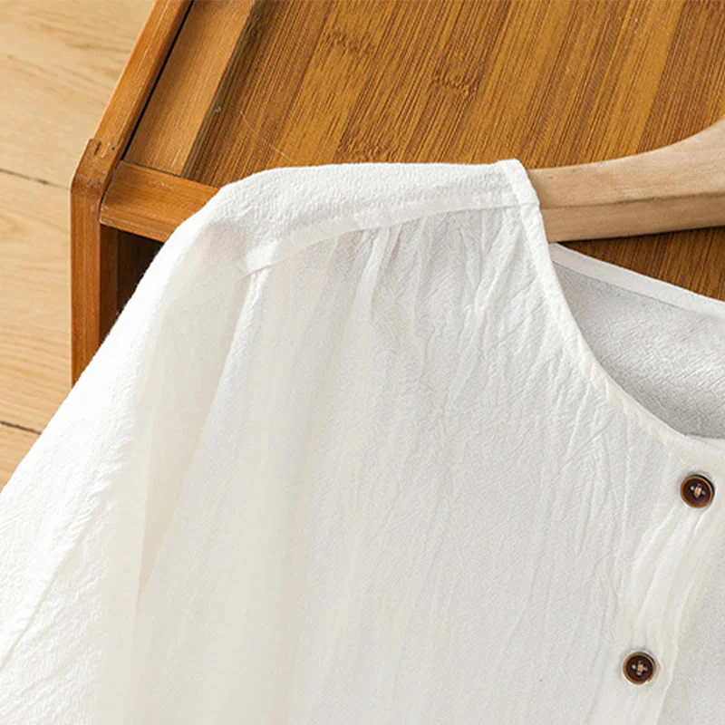 Camicia da donna in cotone e lino con maniche corte, casual, semplice, con bottoni e tasca , Buddha Stones - Image 20