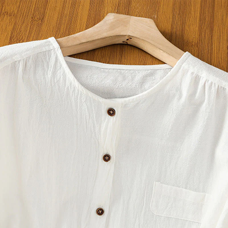 Camicia da donna in cotone e lino con maniche corte, casual, semplice, con bottoni e tasca , Buddha Stones - Image 21