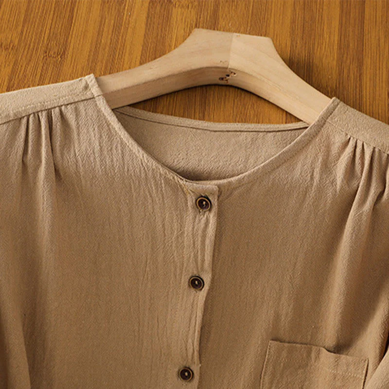 Camicia da donna in cotone e lino con maniche corte, casual, semplice, con bottoni e tasca , Buddha Stones - Image 28