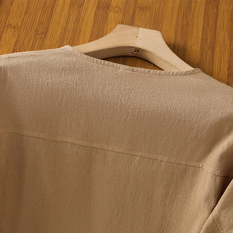 Camicia da donna in cotone e lino con maniche corte, casual, semplice, con bottoni e tasca , Buddha Stones - Image 29