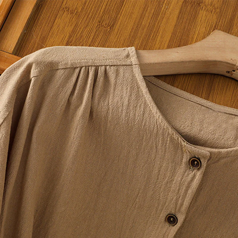 Camicia da donna in cotone e lino con maniche corte, casual, semplice, con bottoni e tasca , Buddha Stones - Image 30