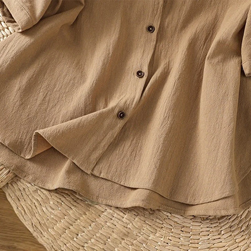 Camicia da donna in cotone e lino con maniche corte, casual, semplice, con bottoni e tasca , Buddha Stones - Image 34