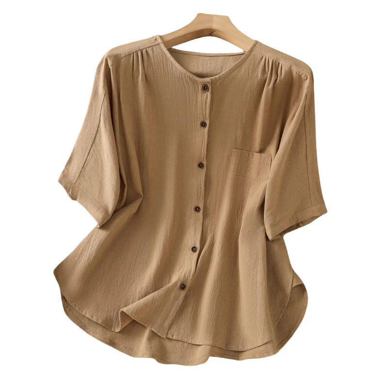 Camicia da donna in cotone e lino con maniche corte, casual, semplice, con bottoni e tasca , Buddha Stones - Image 35