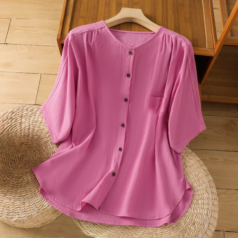 Camicia da donna in cotone e lino con maniche corte, casual, semplice, con bottoni e tasca , Buddha Stones - Image 36
