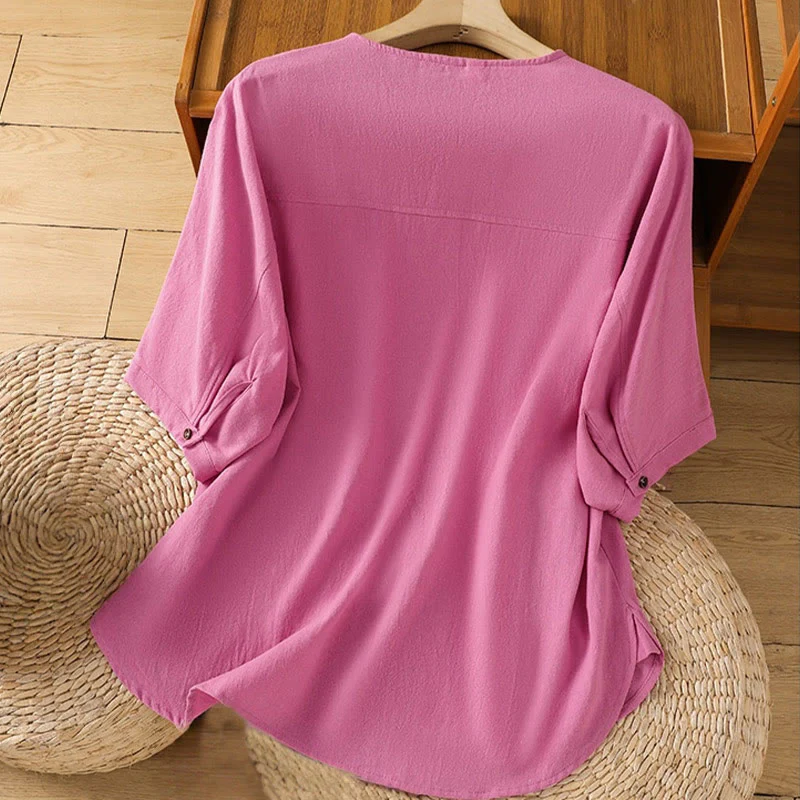 Camicia da donna in cotone e lino con maniche corte, casual, semplice, con bottoni e tasca , Buddha Stones - Image 37
