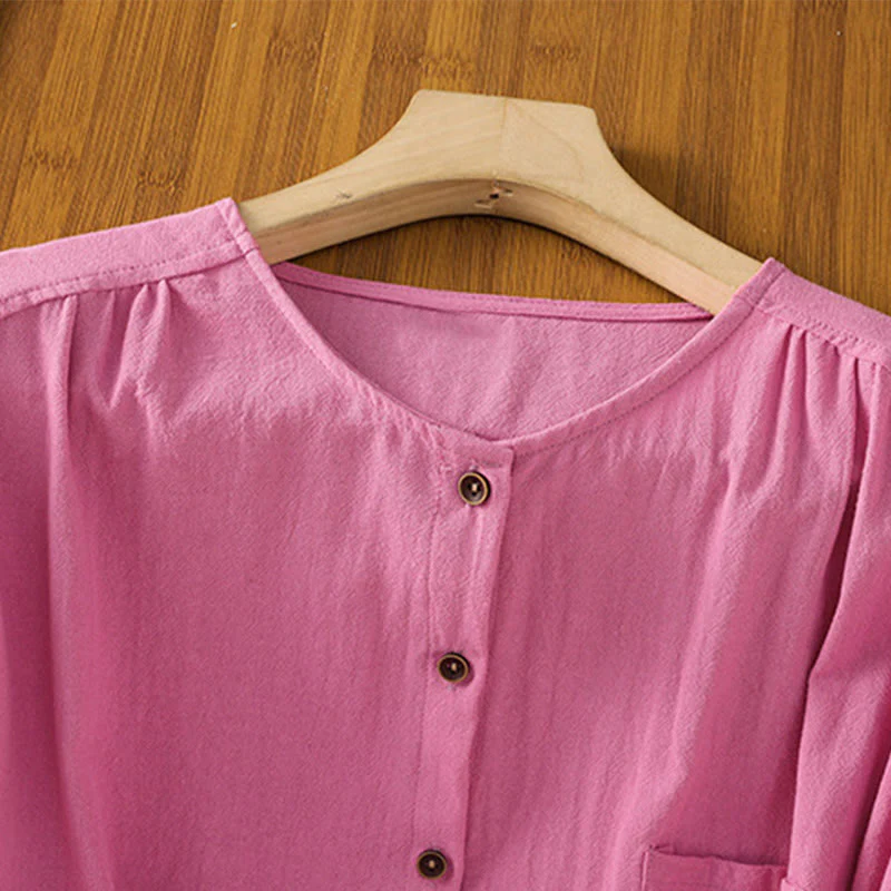 Camicia da donna in cotone e lino con maniche corte, casual, semplice, con bottoni e tasca , Buddha Stones - Image 38