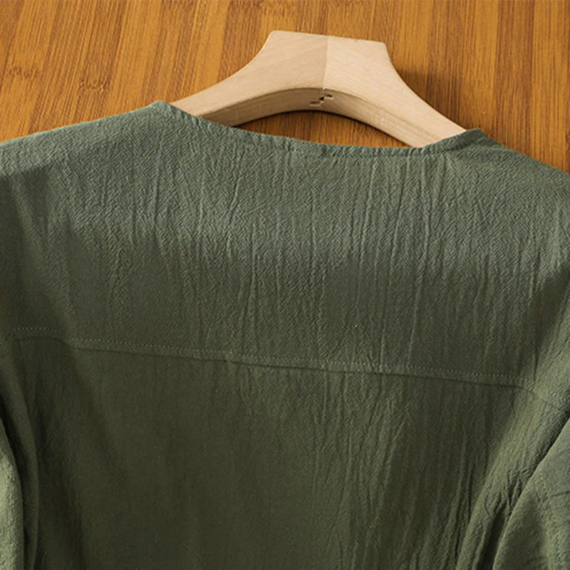 Camicia da donna in cotone e lino con maniche corte, casual, semplice, con bottoni e tasca , Buddha Stones - Image 4