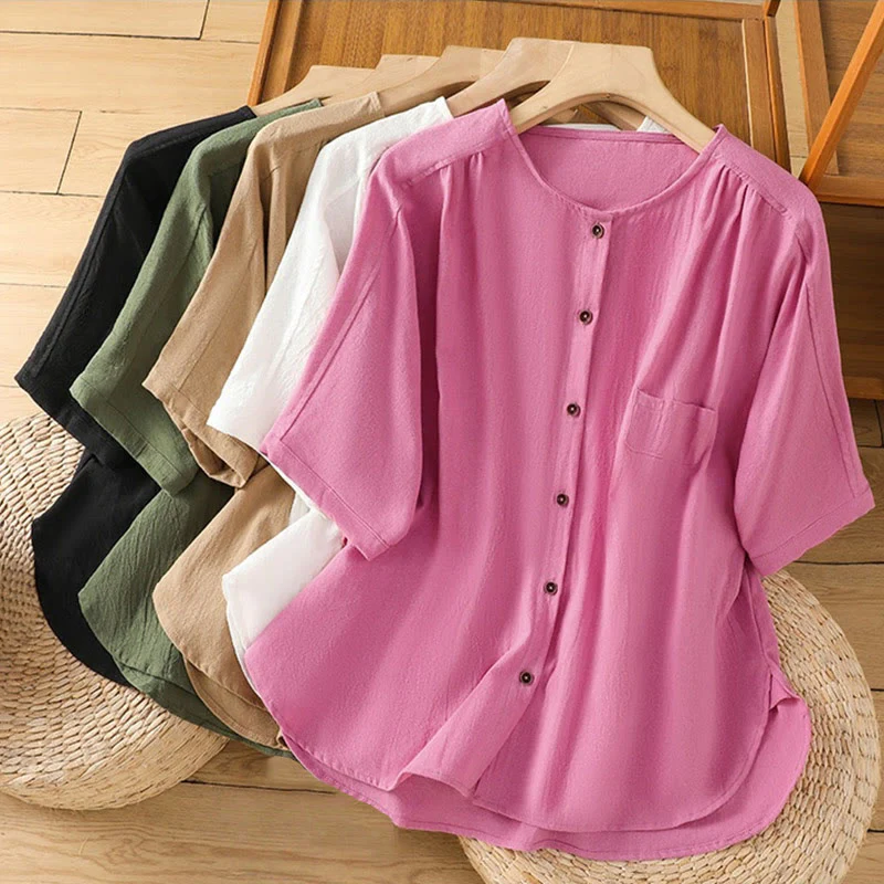 Camicia da donna in cotone e lino con maniche corte, casual, semplice, con bottoni e tasca , Buddha Stones - Image 41