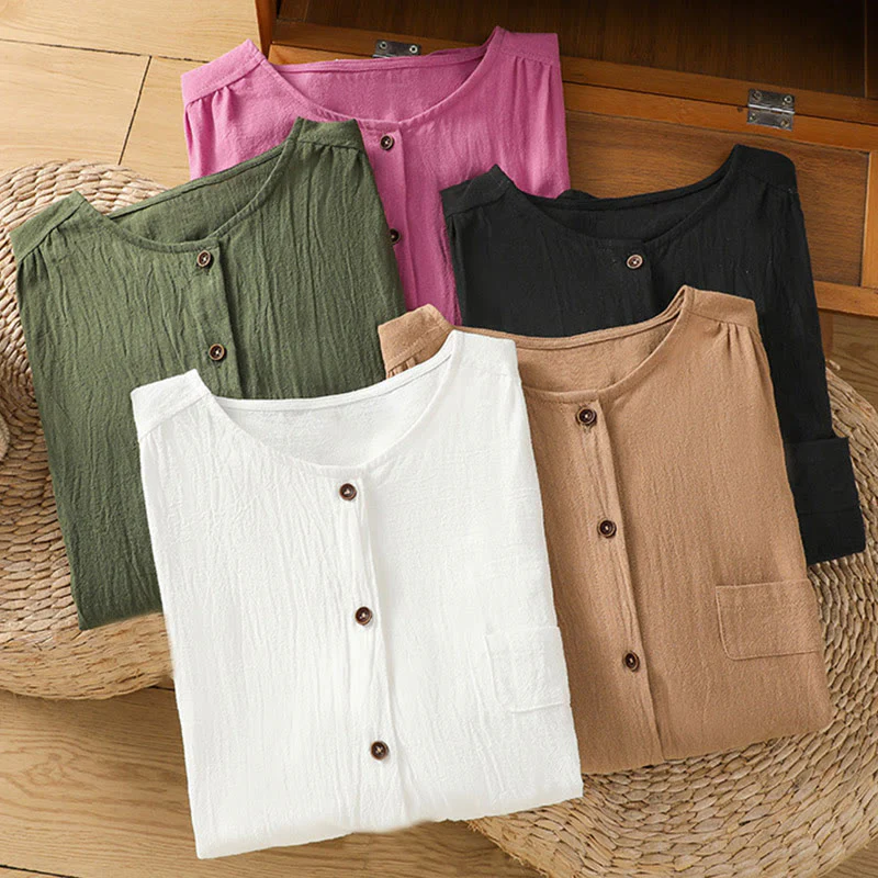 Camicia da donna in cotone e lino con maniche corte, casual, semplice, con bottoni e tasca , Buddha Stones - Image 42