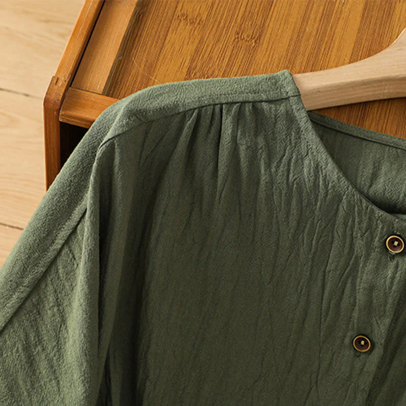 Camicia da donna in cotone e lino con maniche corte, casual, semplice, con bottoni e tasca , Buddha Stones - Image 5