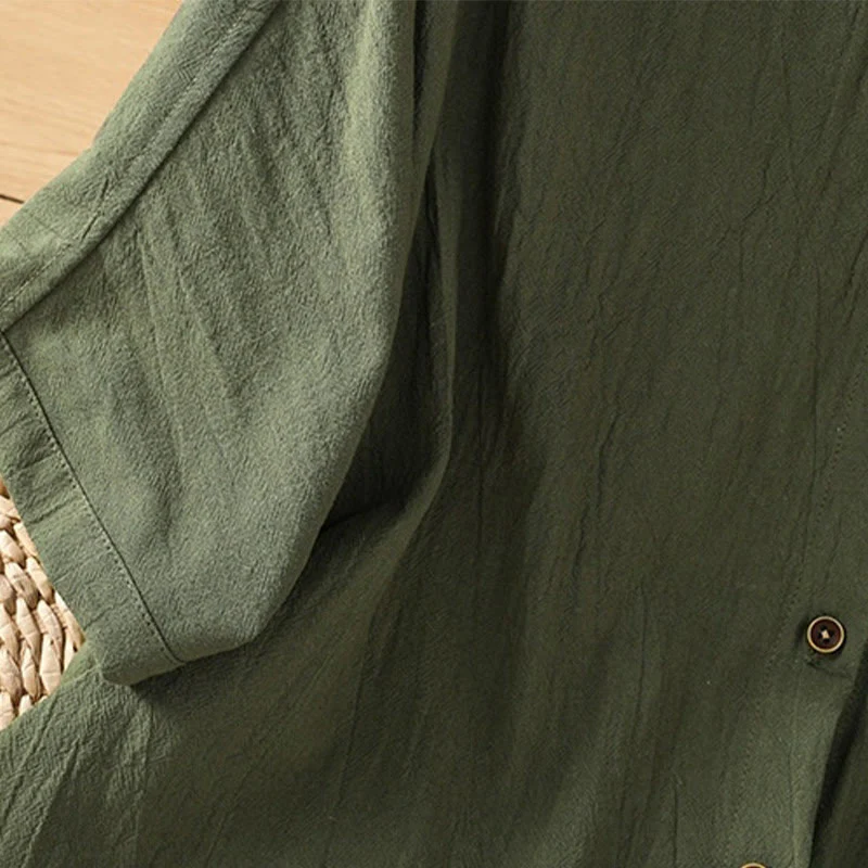 Camicia da donna in cotone e lino con maniche corte, casual, semplice, con bottoni e tasca , Buddha Stones - Image 7