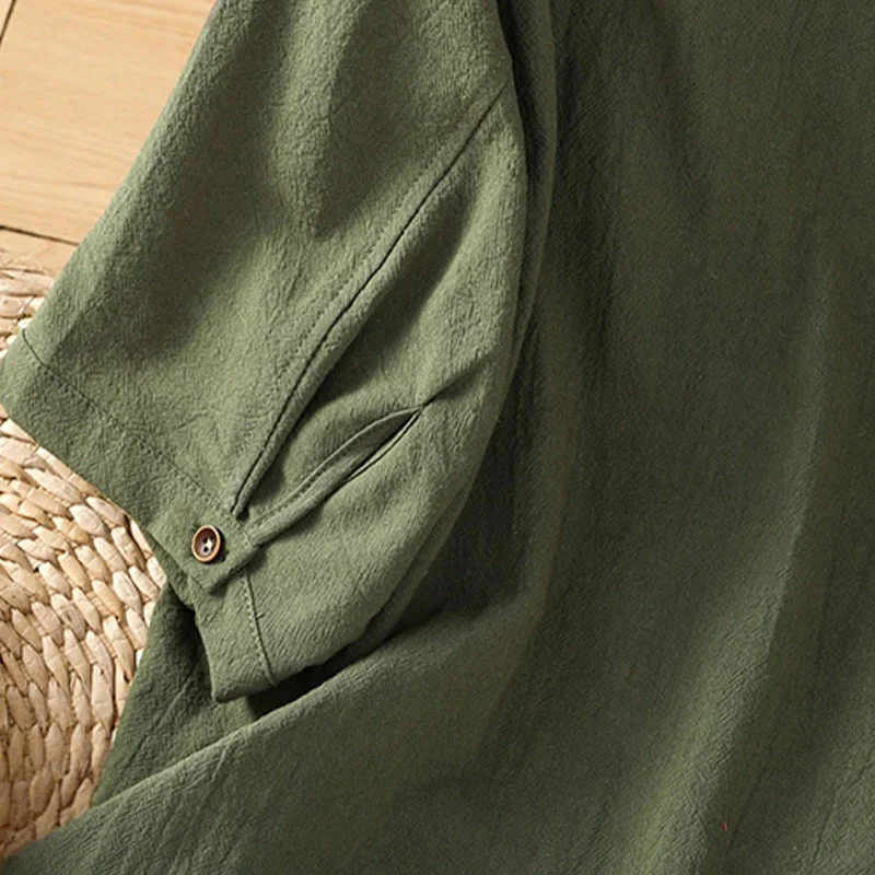 Camicia da donna in cotone e lino con maniche corte, casual, semplice, con bottoni e tasca , Buddha Stones - Image 8