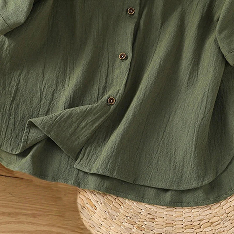 Camicia da donna in cotone e lino con maniche corte, casual, semplice, con bottoni e tasca , Buddha Stones - Image 9