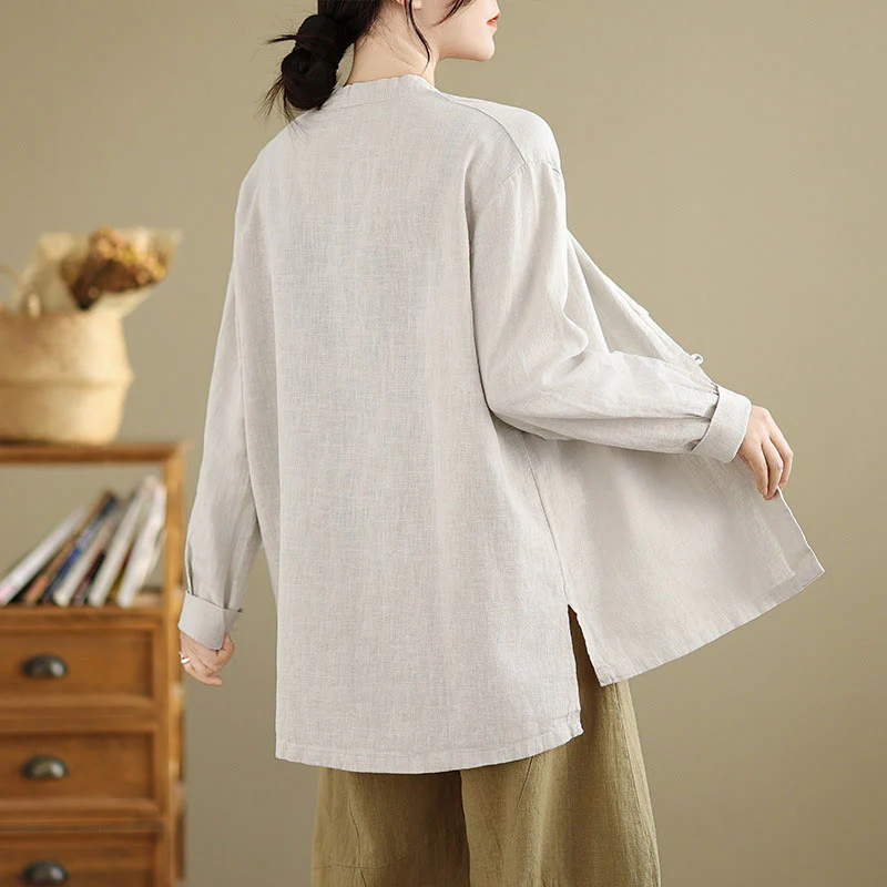Camicia da donna in cotone e lino a maniche lunghe con bottoni frontali in tinta unita Buddha Stones - Image 3
