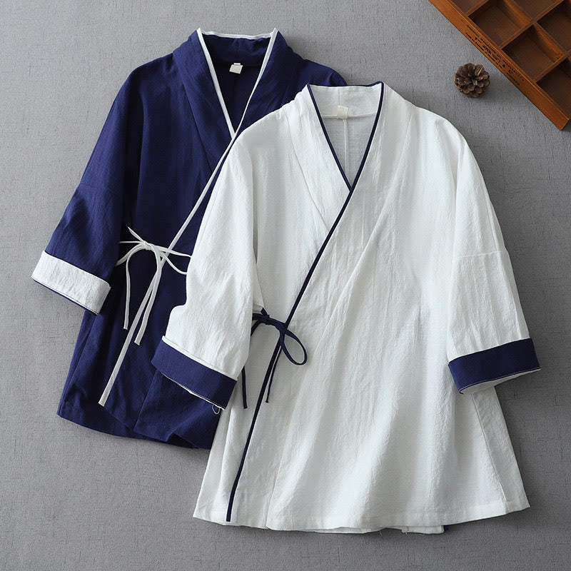 Camicia da donna in cotone e lino Zen con maniche a tre quarti, scollo a V, cuciture colorate casual, Buddha Stones - Image 12