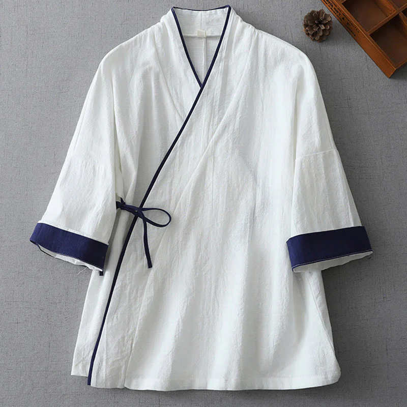 Camicia da donna in cotone e lino Zen con maniche a tre quarti, scollo a V, cuciture colorate casual, Buddha Stones - Image 6