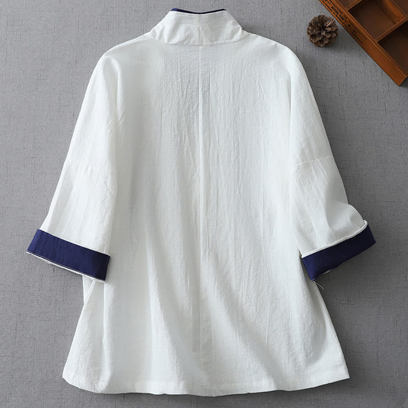 Camicia da donna in cotone e lino Zen con maniche a tre quarti, scollo a V, cuciture colorate casual, Buddha Stones - Image 7