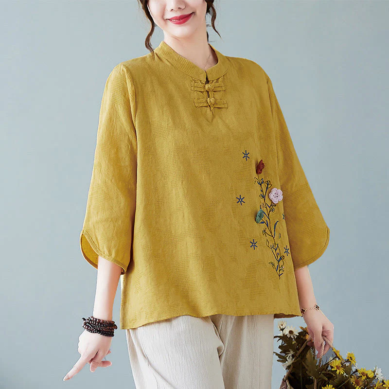 Camicia da donna in lino di cotone con bottoni a rana, manica a tre quarti, ricamo stereoscopico floreale estivo vintage Buddha Stones