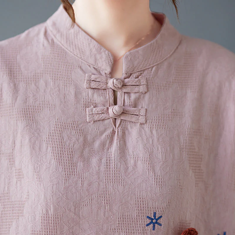 Camicia da donna in lino di cotone con bottoni a rana, manica a tre quarti, ricamo stereoscopico floreale estivo vintage Buddha Stones - Image 10