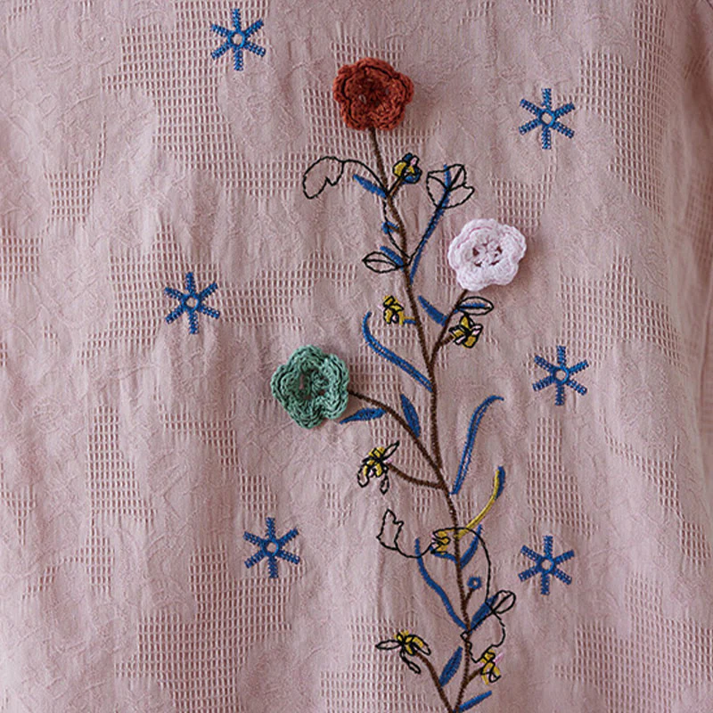 Camicia da donna in lino di cotone con bottoni a rana, manica a tre quarti, ricamo stereoscopico floreale estivo vintage Buddha Stones - Image 14