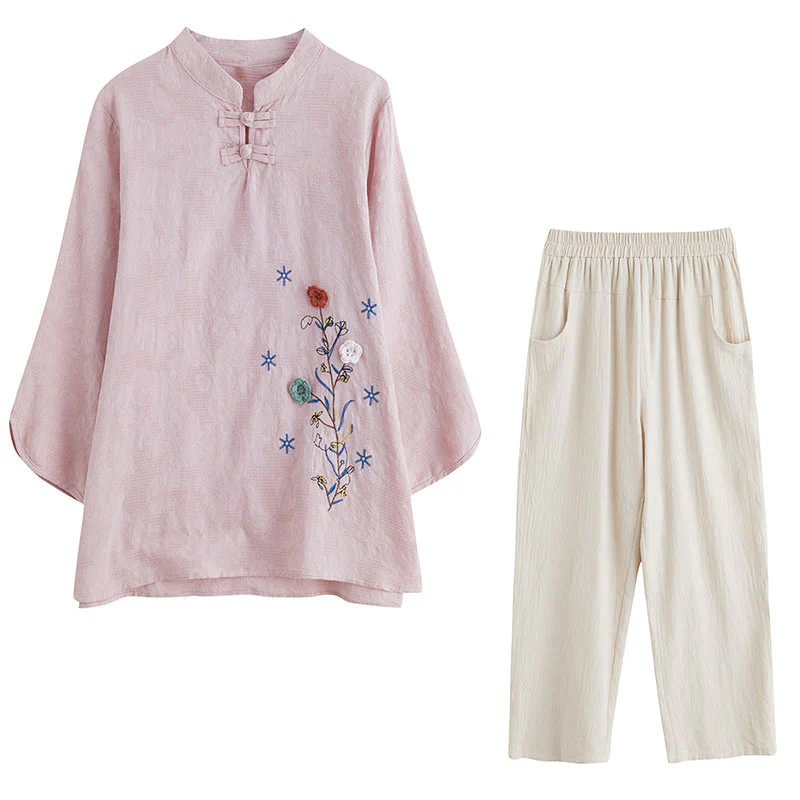 Camicia da donna in lino di cotone con bottoni a rana, manica a tre quarti, ricamo stereoscopico floreale estivo vintage Buddha Stones - Image 17