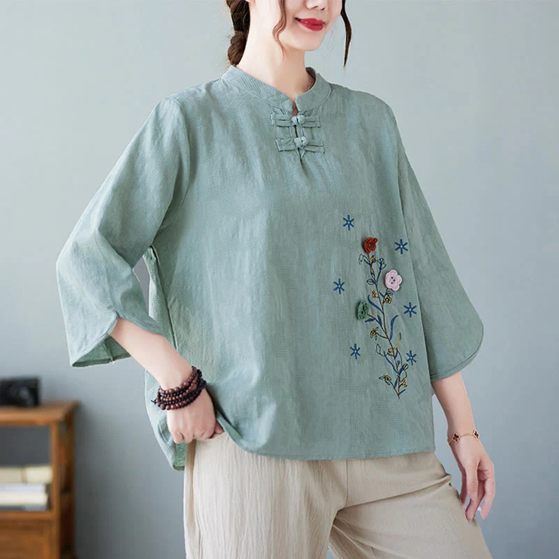Camicia da donna in lino di cotone con bottoni a rana, manica a tre quarti, ricamo stereoscopico floreale estivo vintage Buddha Stones - Image 18