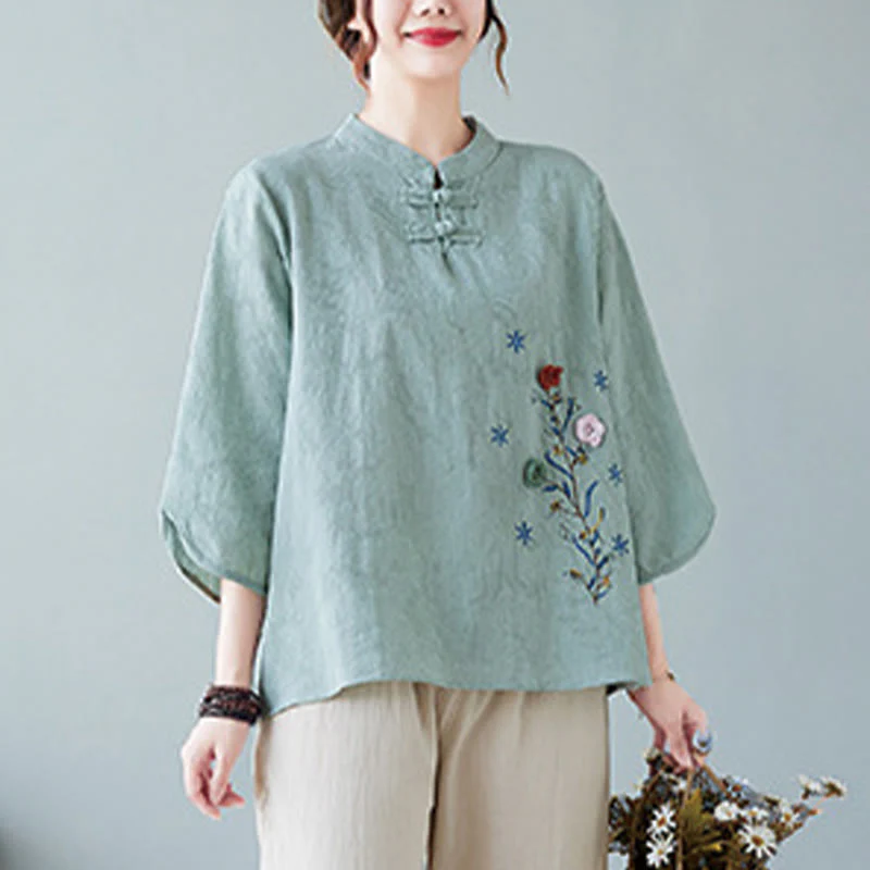 Camicia da donna in lino di cotone con bottoni a rana, manica a tre quarti, ricamo stereoscopico floreale estivo vintage Buddha Stones - Image 19