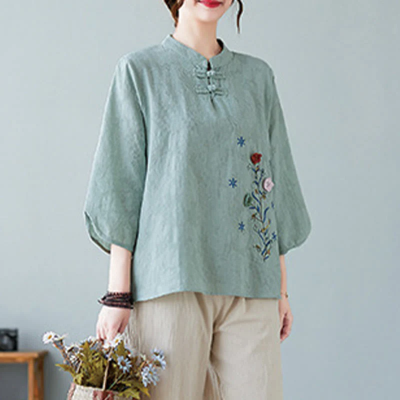 Camicia da donna in lino di cotone con bottoni a rana, manica a tre quarti, ricamo stereoscopico floreale estivo vintage Buddha Stones - Image 20
